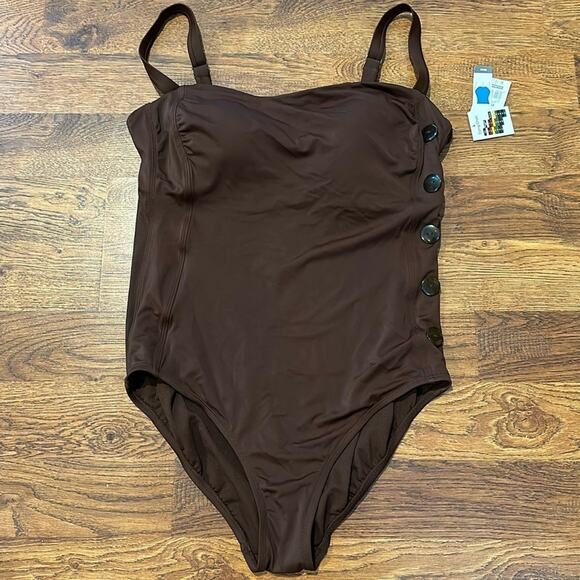 Time and Tru Women's Chic One Piece Swimsuit with Button Detail Brown Size XL - Picture 1 of 6